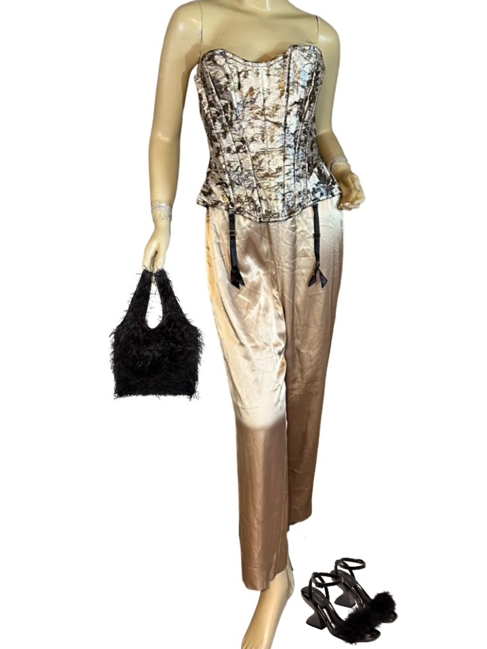 VINTAGE 1990'S GOLD & SILVER METALLIC FOLIATE PRINT CORSET  (L)